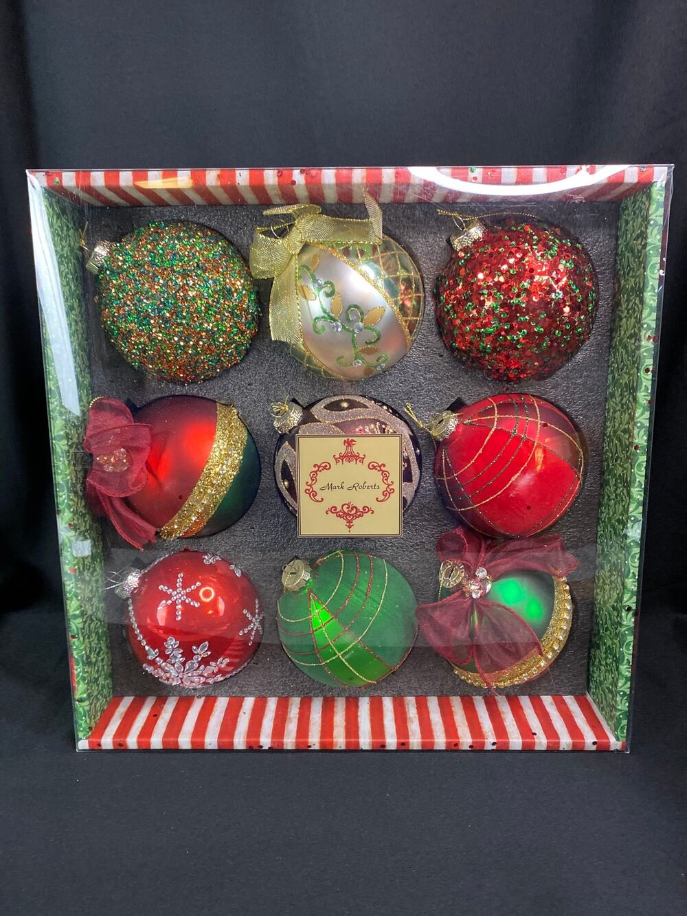 Mark Roberts Set Of 9 GLASS CHRISTMAS ORNAMENTS Multicolor NIB